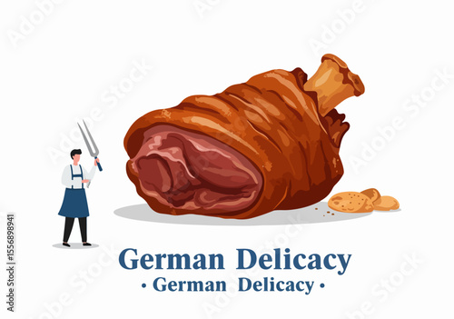 Illustration of a large roasted German pork knuckle or ham hock, a traditional delicacy, next to a chef holding a carving fork.