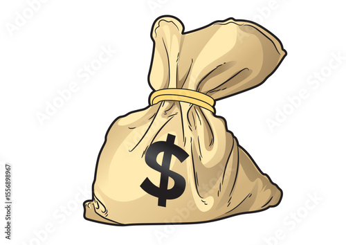 Illustration of a money bag filled with cash showcasing wealth and security in a vibrant design. Finance concept