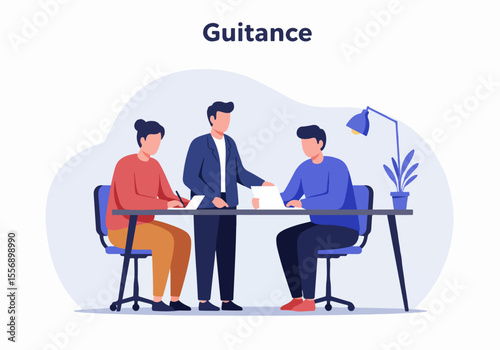 Flat illustration of a mentor providing guidance and support to two individuals seated at a desk, representing coaching, training, or a business meeting.