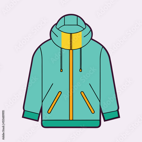 Illustration of a turquoise hoodie with gold accents on a light background