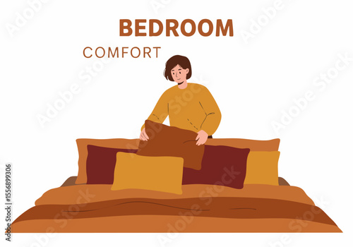 Illustration of a woman arranging pillows on a comfortable bed, symbolizing bedroom comfort and cozy home decor.