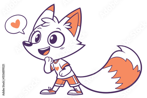 Joyful cartoon fox with heart speech bubble sports a heart adorned shirt