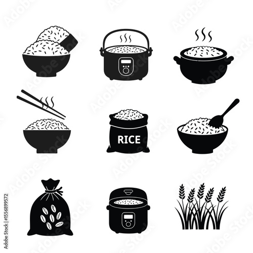 Black Silhouette Vector Set of Cooked Rice, Rice Bowl, Cooker, and Rice Plant Icons .