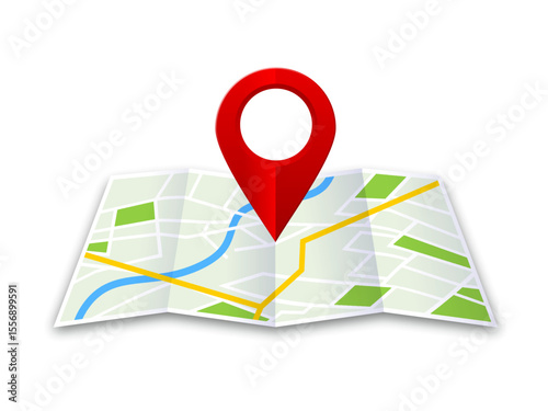 Folded location map with marker. City map with pin pointer. GPS navigation map with city street roads. Vector illustration.