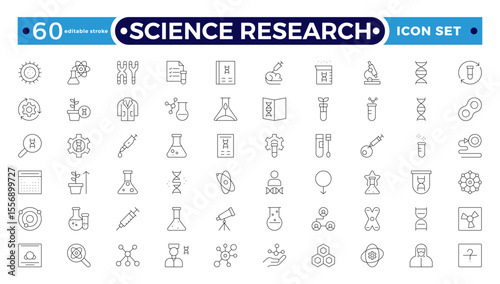 Scientific research and science Outline icon collection. Laboratory. Chemical experience and experiment. Molecule and atom.  Editable stroke outline icon.
