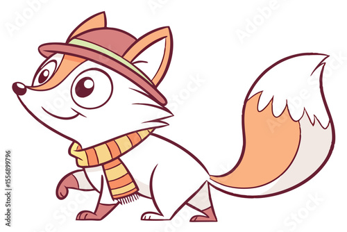 Smiling cartoon fox with a hat and scarf is walking happily along