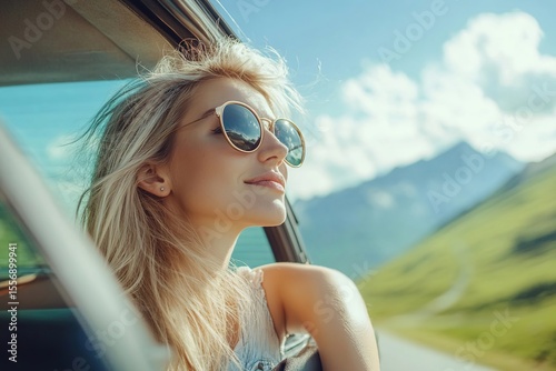 Young Caucasian woman with long blond hair wearing sunglasses, enjoying a scenic drive in a car with mountains in the background.