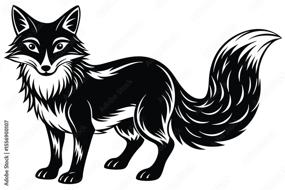 Obraz premium Bold black and white fox stands confidently, showing its distinctive markings and fluffy tail