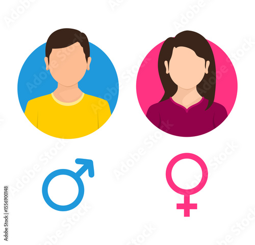 Male and female icon. Man and woman gender symbols. User avatars. Gentleman and lady. Toilet signs. Male and female avatar profile. Vector illustration.