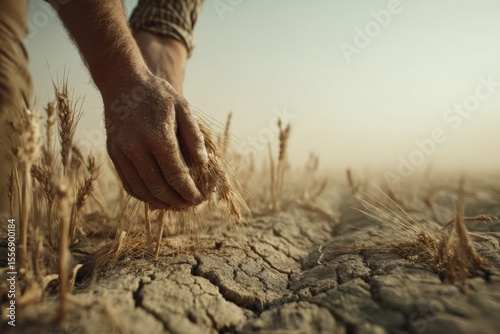 Cracked soil farm fields, farmer holding dry wheat, brown yellow sky with dust haze, dead crops around.