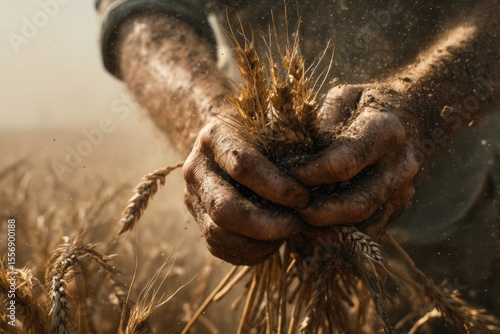 Cracked soil farm fields, farmer holding dry wheat, brown yellow sky with dust haze, dead crops around.