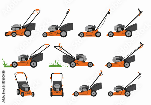 Set of different views of an orange gasoline lawnmower illustration on a white background. Ideal for gardening, yard work, and outdoor maintenance concepts.