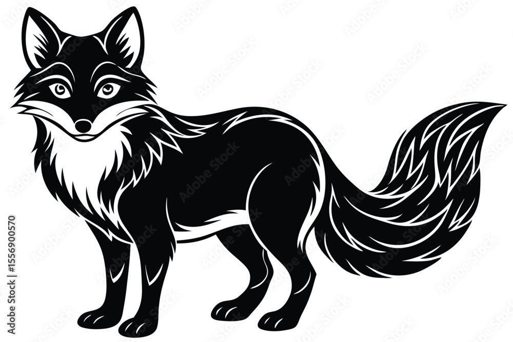 Obraz premium Elegant black silhouette fox stands gracefully in side view with distinctive white markings