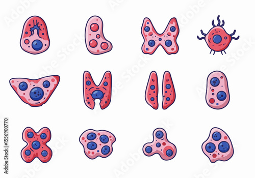 Collection of stylized microscopic cells or microorganisms in various abstract shapes, ideal for biology, science, and healthcare illustrations.