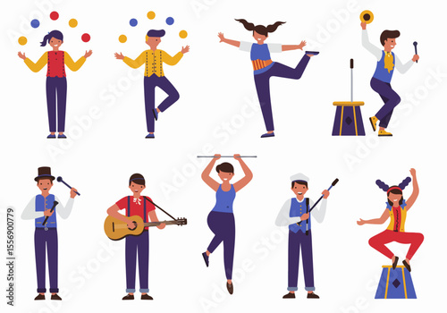 Set of various cartoon circus performers showcasing different skills like juggling, balancing, music, and acrobatics on a white background.