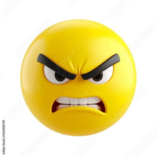 3D yellow angry face emoji icon isolated on transparent background. PNG