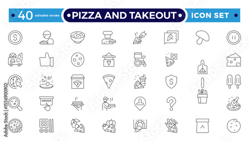 Pizza and takeout. Fast food outline icons. Fast food vector icon line set. Burger sandwich pizza hot dog cola coffee sweets. Editable stroke outline icon.
