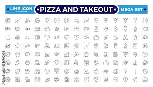 Pizza and takeout. Fast food outline icons. Fast food vector icon line set. Burger sandwich pizza hot dog cola coffee sweets. Editable stroke outline icon.
