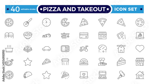 Pizza and takeout. Fast food outline icons. Fast food vector icon line set. Burger sandwich pizza hot dog cola coffee sweets. Editable stroke outline icon.
