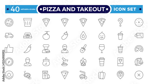 Pizza and takeout. Fast food outline icons. Fast food vector icon line set. Burger sandwich pizza hot dog cola coffee sweets. Editable stroke outline icon.
