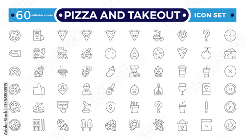 Pizza and takeout. Fast food outline icons. Fast food vector icon line set. Burger sandwich pizza hot dog cola coffee sweets. Editable stroke outline icon.
