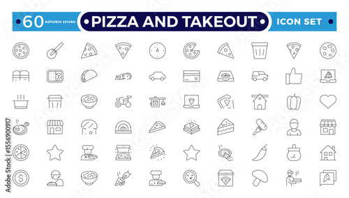 Pizza and takeout. Fast food outline icons. Fast food vector icon line set. Burger sandwich pizza hot dog cola coffee sweets. Editable stroke outline icon.
