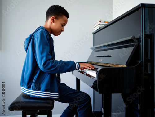 A young african american boy focuses intently as he plays the piano in a bright, modern room, enhancing his musical abilities with a dedicated practice session. Generative AI.