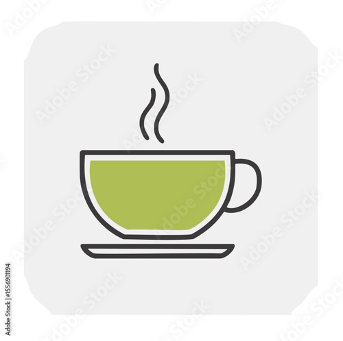 A steaming cup of green tea on a saucer