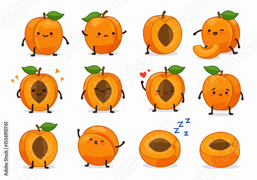 Cute cartoon apricot characters with various expressions and poses, including whole and halved fruits showing pits, isolated on a white background, vector illustration set.