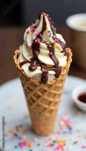 Delicious Vanilla Soft Serve Ice Cream Cone with Chocolate Drizzle and Sprinkles