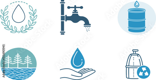 set of water icons Colorful flat Icon Set of Water Conservation and Purity on White Background Includes Water Drop, Faucet Off, Water Barrel, Drip Icon.