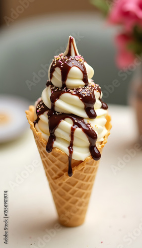 Delicious Vanilla Soft Serve Ice Cream Cone with Chocolate Drizzle and Sprinkles