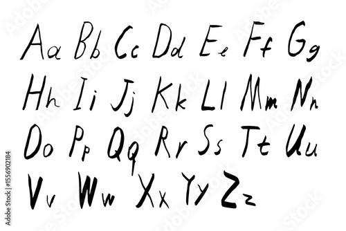 Alphabet is handwritten in black pen scrawl on white background. Doodle style English letters are uppercase and small in primitive style.
