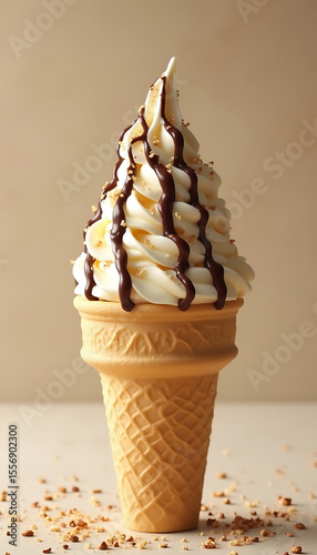 Delicious Vanilla Soft Serve Ice Cream Cone with Chocolate Drizzle and Crumble Topping