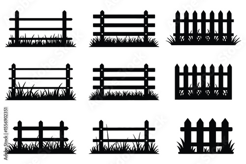Collection of black silhouette farm fences and picket fences with grass
