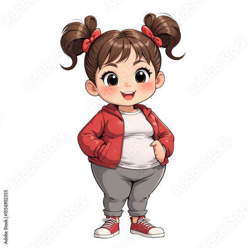 Chubby young girl with a cheerful smile wearing a red hoodie in a transparent background