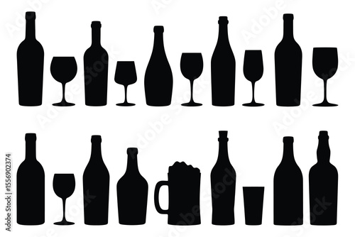 Collection of black silhouettes of various alcoholic beverage bottles and glasses
