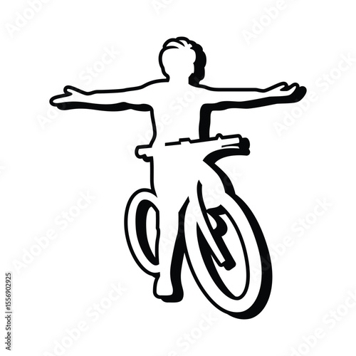 Freehand Cyclist Silhouette, Boy Riding Bike Vector Line Art.