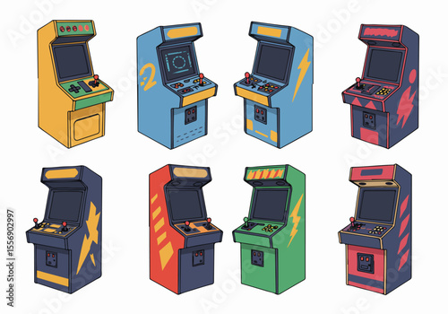 Set of colorful vintage arcade game machines with joysticks and buttons vector illustration.