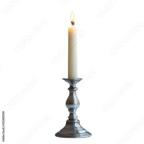 A single lit white candle in a classic silver candlestick holder isolated on transparent background
