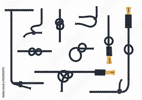 Set of Various Rope Knots and Segments on White Background: Nautical, Sailing, and Climbing Themed Illustrations for Secure Connections and Strength