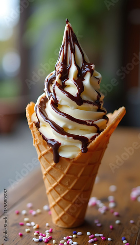 Delicious Vanilla Soft Serve Ice Cream Cone with Chocolate Drizzle and Sprinkles