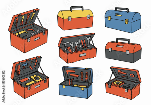 Hand drawn illustration set of various open and closed toolboxes with different tools inside, perfect for maintenance, repair, and DIY projects.