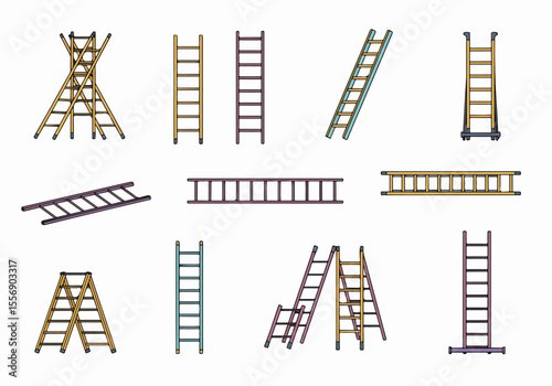 Collection of various types of colorful ladders illustrated in different positions and angles on a white background, representing work, repair, and climbing.