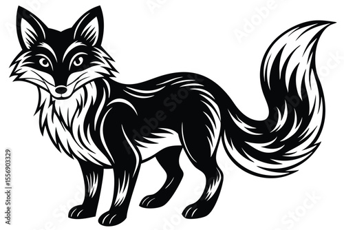 Stylized black fox stands gracefully, showcasing sharp lines and a striking, bushy tail