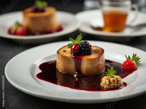 Elegant dessert with berries and berry coulis on a white plate