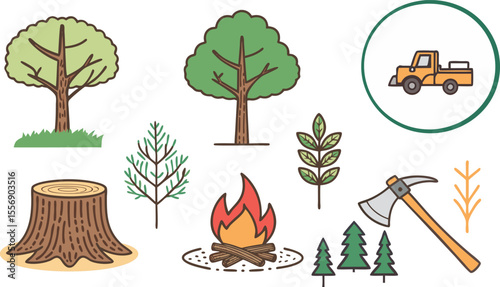 Colorful flat Icon Set of Deforestation and Afforestation Tree Cutting, Reforestation, and Forest Conservation Icons in Minimal Style on White Background.