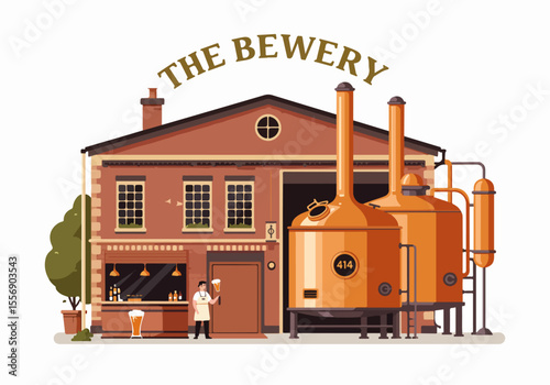 Illustration of a historic brewery building with large copper brewing tanks outside and a bartender offering a glass of craft beer.