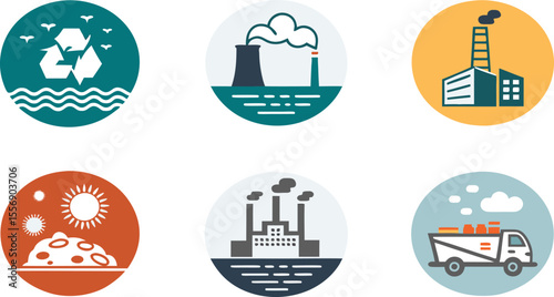Colorful flat Icon Set of Pollution Types and Sources Air, Marine, Waste, and Environmental Hazard Icons in Minimal Style on White Background.