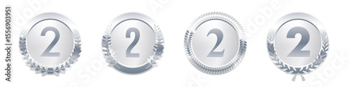 Set of silver second place medals with number 2 and laurel wreaths. Glossy silver badges for runner-up awards, competition rankings, or achievement certificates. Realistic vector illustration.